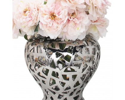 Furnings - Silver Ceramic Ginger Jar Vase with Decorative Design and Removable Lid