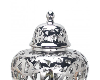 Furnings Silver Ceramic Ginger Jar Vase with Decorative Design and Removable Lid - Large