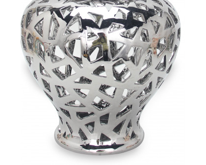 Furnings Silver Ceramic Ginger Jar Vase with Decorative Design and Removable Lid - Large