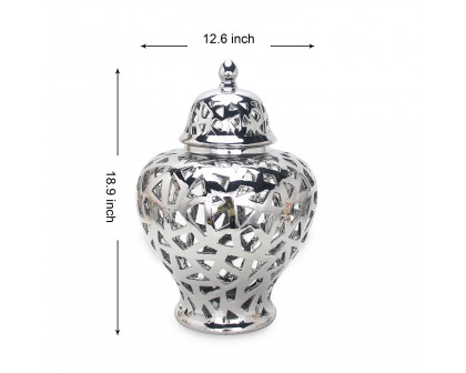 Furnings Silver Ceramic Ginger Jar Vase with Decorative Design and Removable Lid - Large