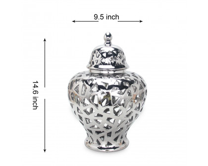 Furnings Silver Ceramic Ginger Jar Vase with Decorative Design and Removable Lid - Large