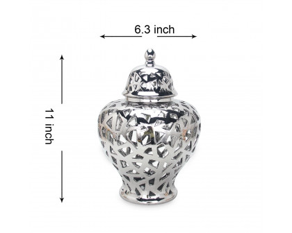 Furnings Silver Ceramic Ginger Jar Vase with Decorative Design and Removable Lid - Large