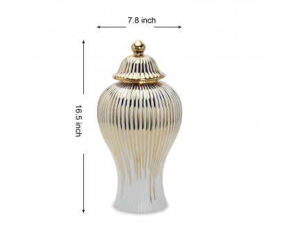 Furnings White with Gold Design Ceramic Decorative Ginger Jar Vase - Large