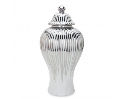 Furnings - White with Silver Design Ceramic Decorative Ginger Jar Vase