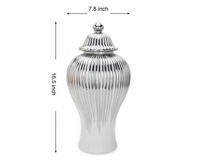 Furnings White with Silver Design Ceramic Decorative Ginger Jar Vase - Small