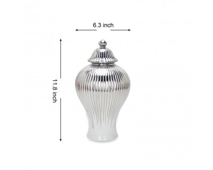 Furnings White with Silver Design Ceramic Decorative Ginger Jar Vase - Small