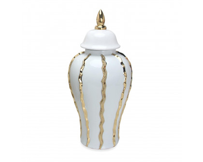 Furnings - Elegant White Ceramic Ginger Jar Vase with Gold Accents and Removable Lid