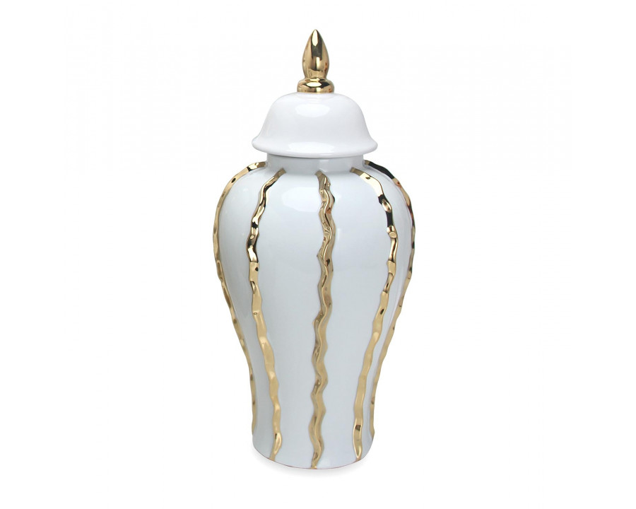 Furnings Elegant White Ceramic Ginger Jar Vase with Gold Accents and Removable Lid - Timeless Home Decor - Large