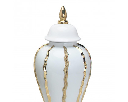 Furnings Elegant White Ceramic Ginger Jar Vase with Gold Accents and Removable Lid - Timeless Home Decor - Large