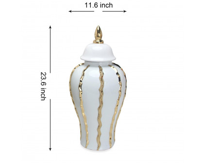 Furnings Elegant White Ceramic Ginger Jar Vase with Gold Accents and Removable Lid - Timeless Home Decor - Large