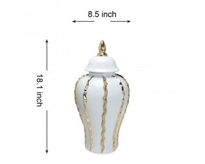 Furnings Elegant White Ceramic Ginger Jar Vase with Gold Accents and Removable Lid - Timeless Home Decor - Large