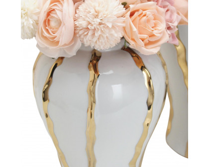 Furnings - Elegant White Ceramic Ginger Jar Vase with Gold Accents and Removable Lid