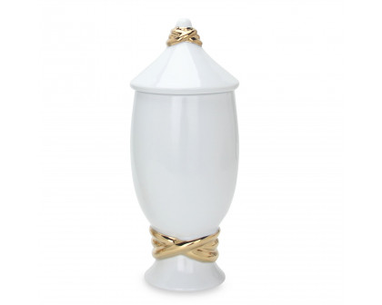 Furnings - White Ceramic Decorative Ginger Jar Vase with Gold Accent