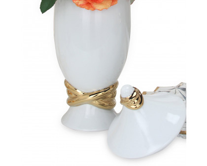 Furnings White Ceramic Decorative Ginger Jar Vase with Gold Accent - Large