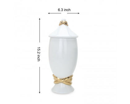 Furnings White Ceramic Decorative Ginger Jar Vase with Gold Accent - Large