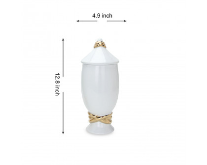 Furnings White Ceramic Decorative Ginger Jar Vase with Gold Accent - Large