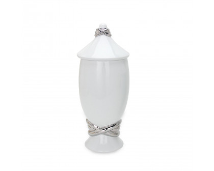 Furnings - White Ceramic Decorative Ginger Jar Vase with Silver Accent