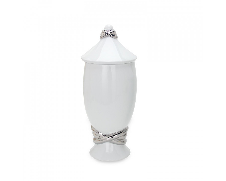 Furnings White Ceramic Decorative Ginger Jar Vase with Silver Accent - Large