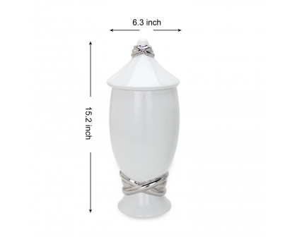 Furnings White Ceramic Decorative Ginger Jar Vase with Silver Accent - Large