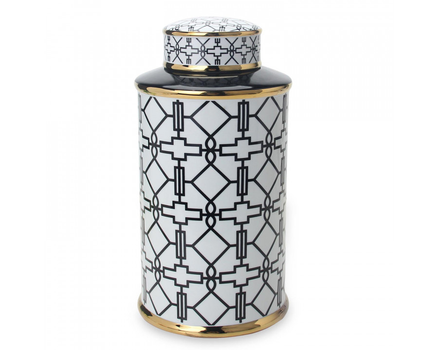 Furnings Elegant White Ceramic Ginger Jar with Black Geometrical Design and Removable Lid - Large