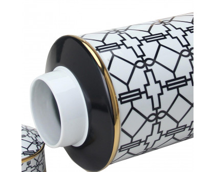 Furnings Elegant White Ceramic Ginger Jar with Black Geometrical Design and Removable Lid - Large