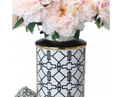 Furnings Elegant White Ceramic Ginger Jar with Black Geometrical Design and Removable Lid - Large