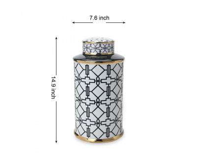 Furnings Elegant White Ceramic Ginger Jar with Black Geometrical Design and Removable Lid - Large