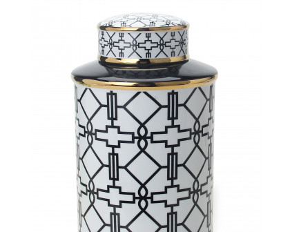 Furnings Elegant White Ceramic Ginger Jar with Black Geometrical Design and Removable Lid - Large