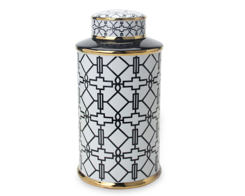 Furnings - Elegant White Ceramic Ginger Jar with Black Geometrical Design and Removable Lid