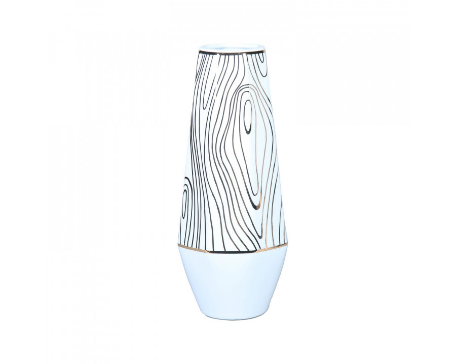 Furnings - White Ceramic Vase with Gold Wood Grain Design in Elegant and Versatile Home Decor