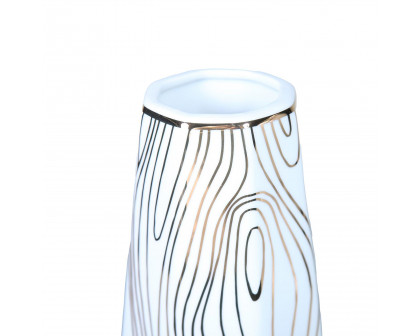 Furnings - White Ceramic Vase with Gold Wood Grain Design in Elegant and Versatile Home Decor