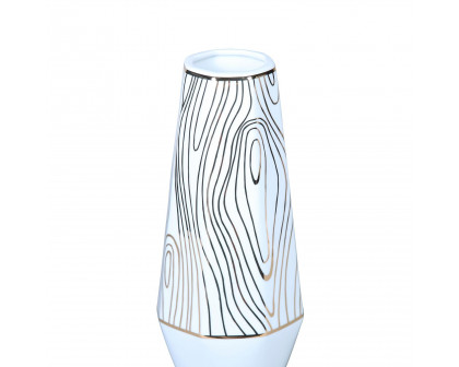 Furnings - White Ceramic Vase with Gold Wood Grain Design in Elegant and Versatile Home Decor