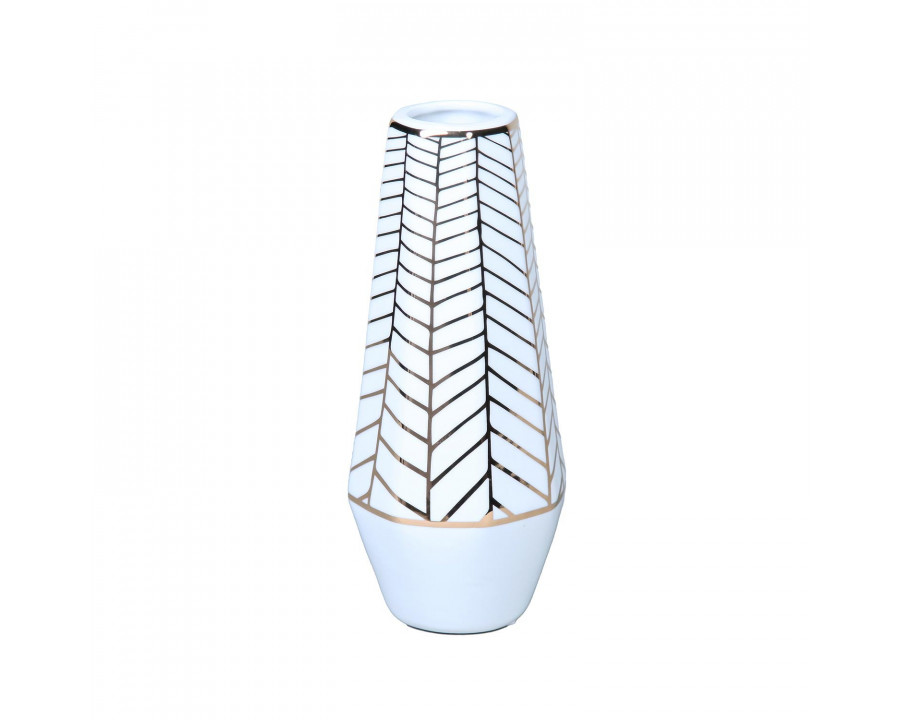 Furnings - White Ceramic Vase with Gold Geometric Accent Design in Elegant and Versatile Home Decor