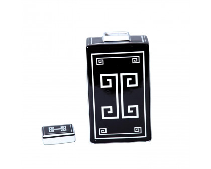 Furnings - Rectangular Ceramic Decorative Jar with Black and White Geometric Design