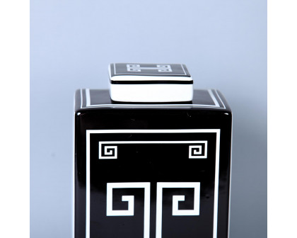 Furnings - Rectangular Ceramic Decorative Jar with Black and White Geometric Design