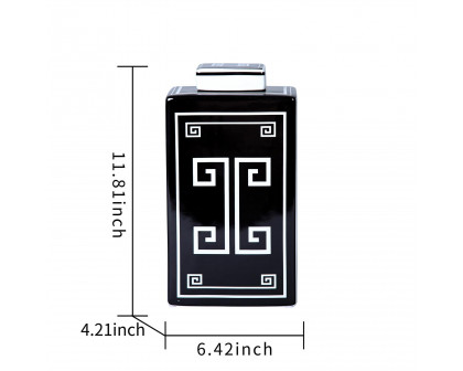 Furnings - Rectangular Ceramic Decorative Jar with Black and White Geometric Design