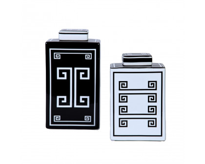 Furnings - Rectangular Ceramic Decorative Jar with Black and White Geometric Design