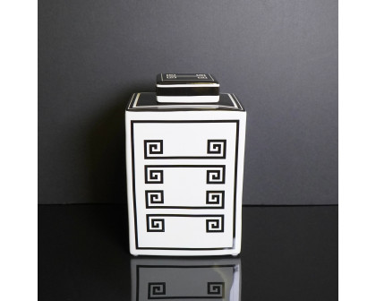 Furnings - Rectangular Ceramic Decorative Jar with White and Black Geometric Design