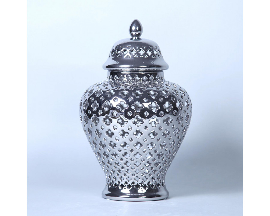 Furnings Silver Ceramic Ginger Jar with Decorative Design