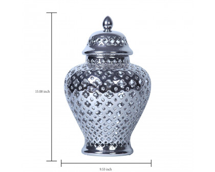 Furnings Silver Ceramic Ginger Jar with Decorative Design