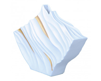 Furnings - White Ceramic Vase with Subtle Gold Accents and Wave Texture in Unique and Sophisticated