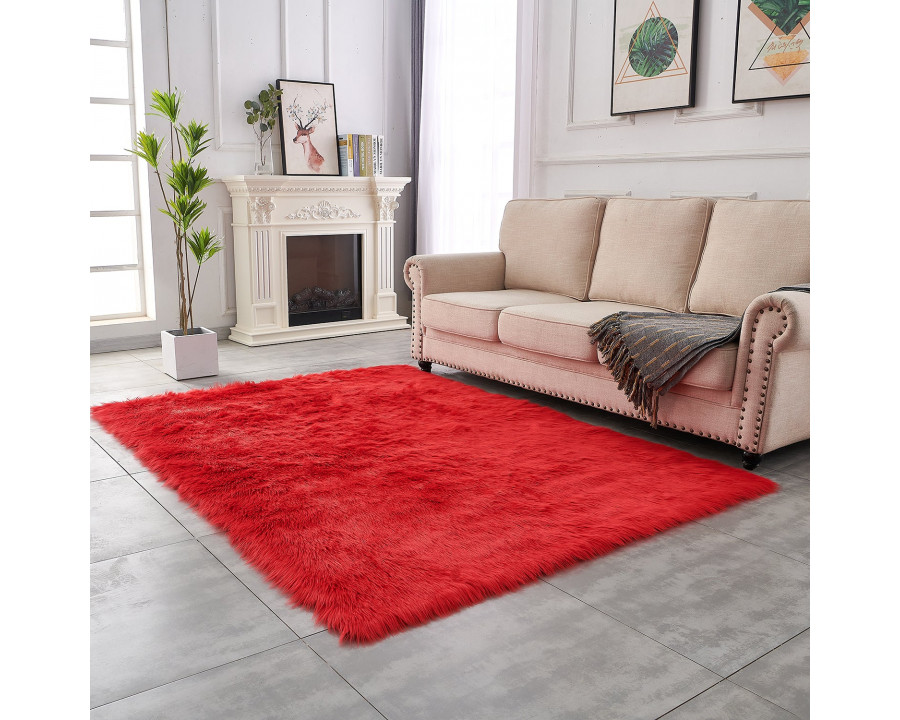 Furnings Cozy Ultra Soft Fluffy Faux Fur Red Area Rug - 5'L x 2'W