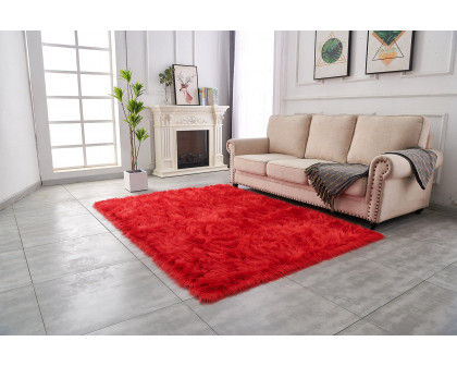 Furnings Cozy Ultra Soft Fluffy Faux Fur Red Area Rug - 5'L x 2'W