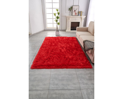 Furnings Cozy Ultra Soft Fluffy Faux Fur Red Area Rug - 5'L x 2'W