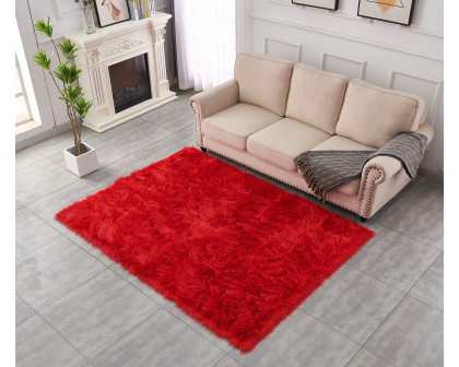 Furnings Cozy Ultra Soft Fluffy Faux Fur Red Area Rug - 5'L x 2'W