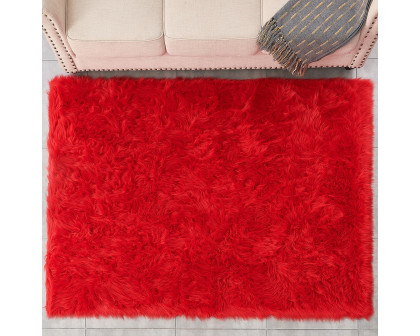 Furnings Cozy Ultra Soft Fluffy Faux Fur Red Area Rug - 5'L x 2'W