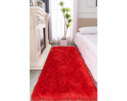 Furnings Cozy Ultra Soft Fluffy Faux Fur Red Area Rug - 5'L x 2'W