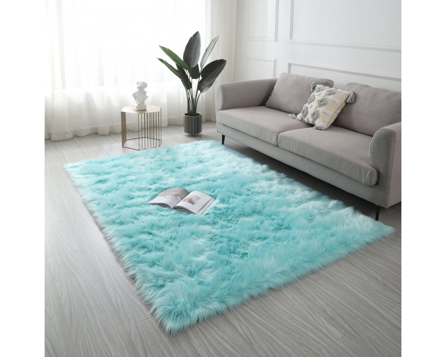 Furnings Cozy Ultra Soft Fluffy Faux Fur Turquoise Area Rug - 5'L x 3'W