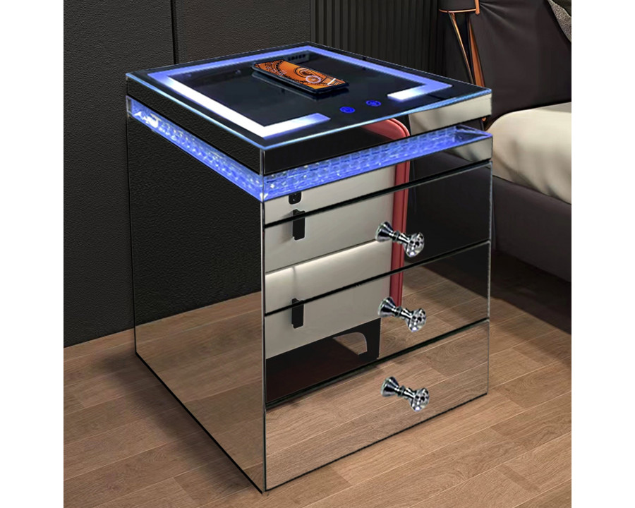 Furnings - Modern Mirrored Nightstand with LED Light and Phone Charger in Functional and Stylish Side Table