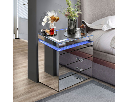 Furnings - Modern Mirrored Nightstand with LED Light and Phone Charger in Functional and Stylish Side Table